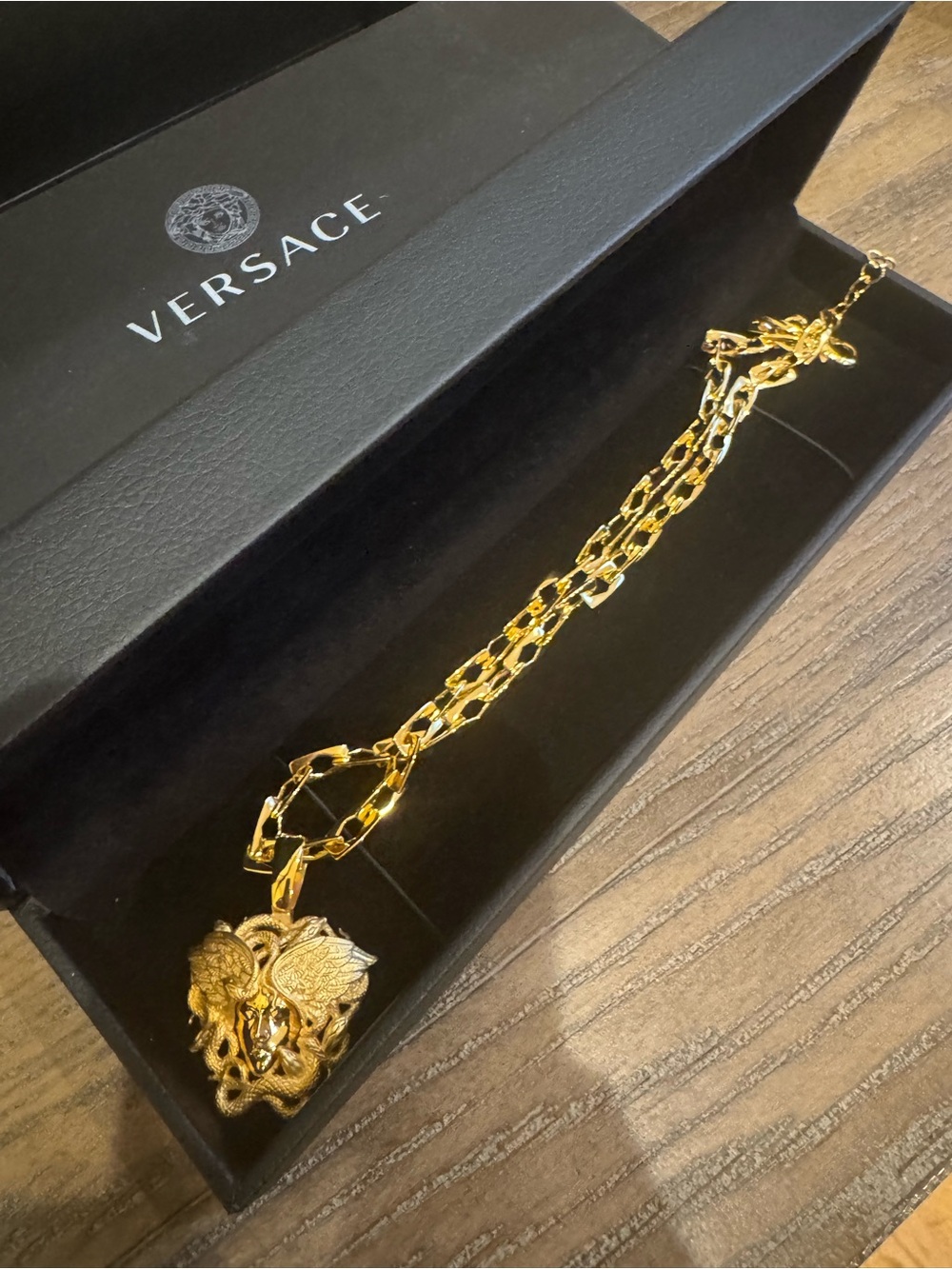 Versace Gold Link Necklace with Medusa and Charm Pendant